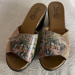 Beautiful Icon wedge shoes with Venice scene painted on strap - EU  37, US 7.5